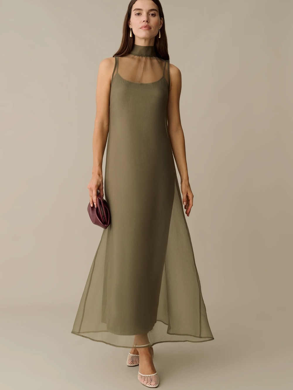 Sheer Overlay Maxi Dress in Olive with High Neck